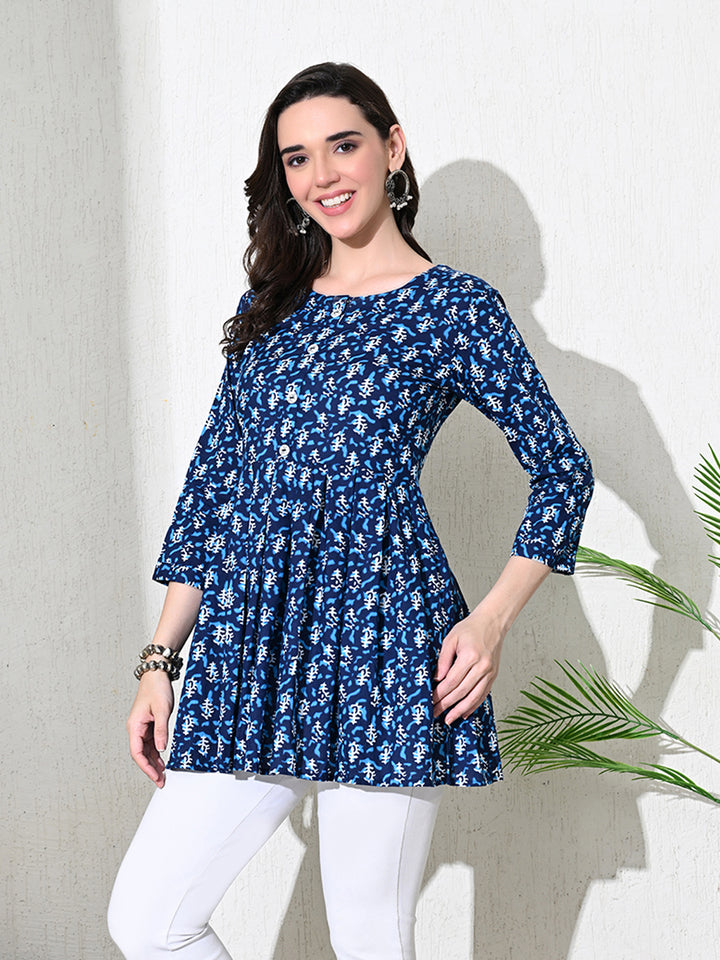 Indigo Block Print Cotton Flared Top