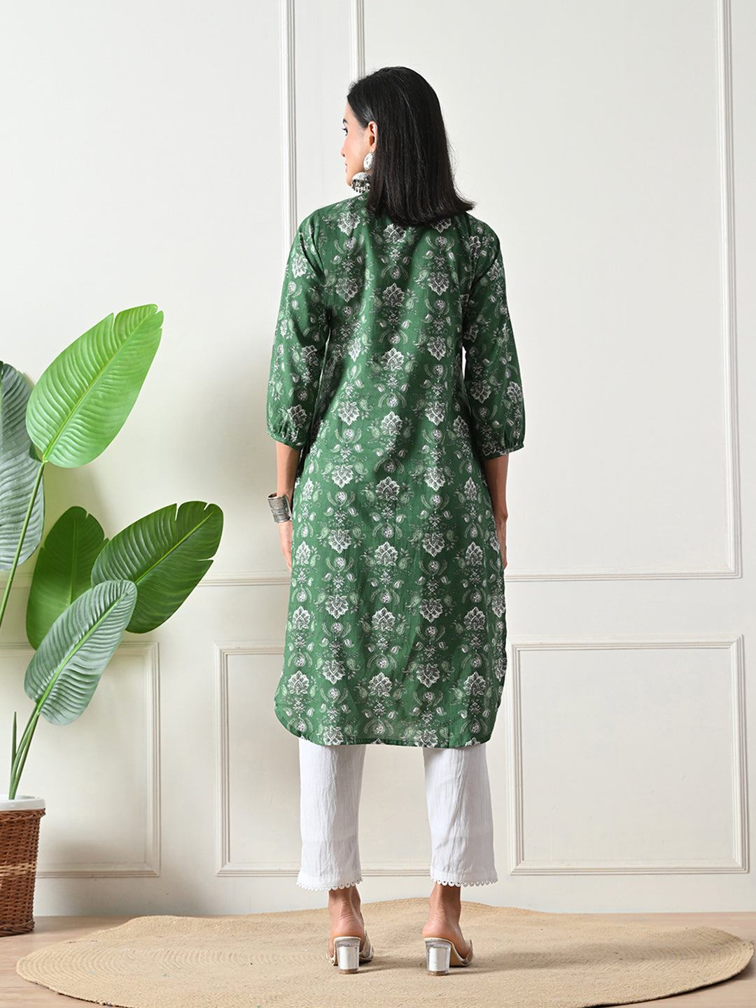 Green Hand Block Print Floral    Kurta
