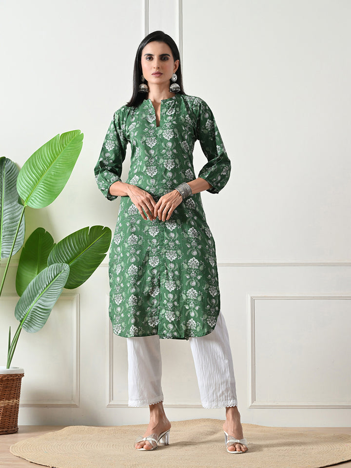 Green Hand Block Print Floral    Kurta
