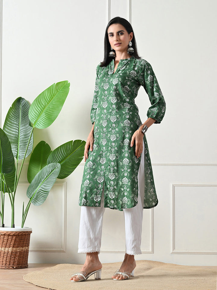 Green Hand Block Print Floral    Kurta