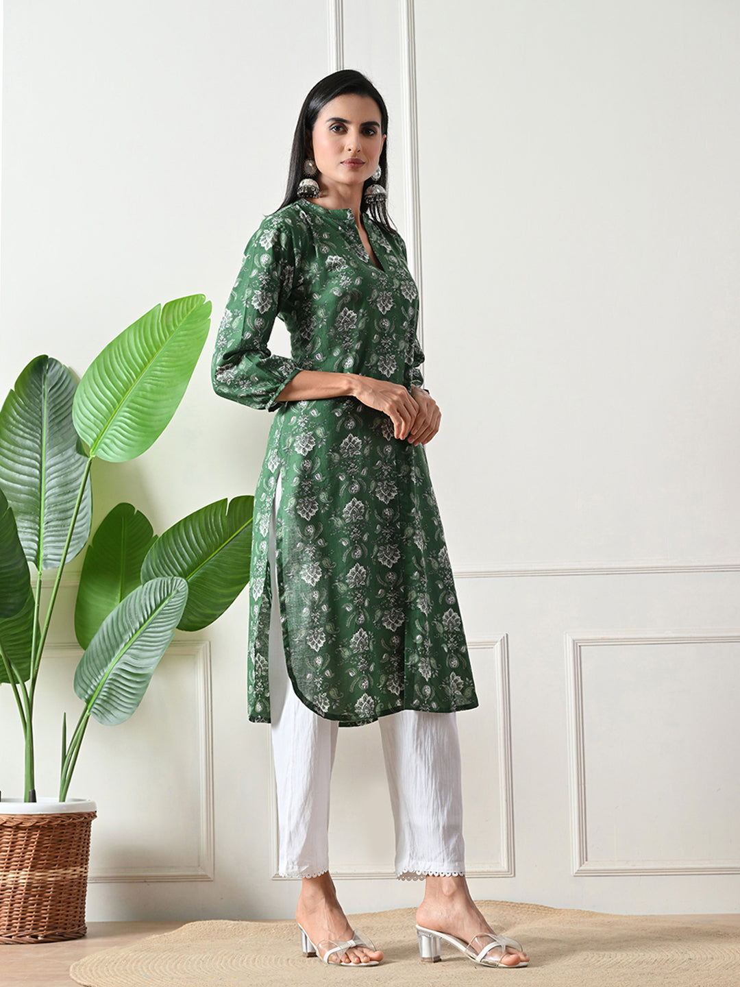 Green Hand Block Print Floral    Kurta