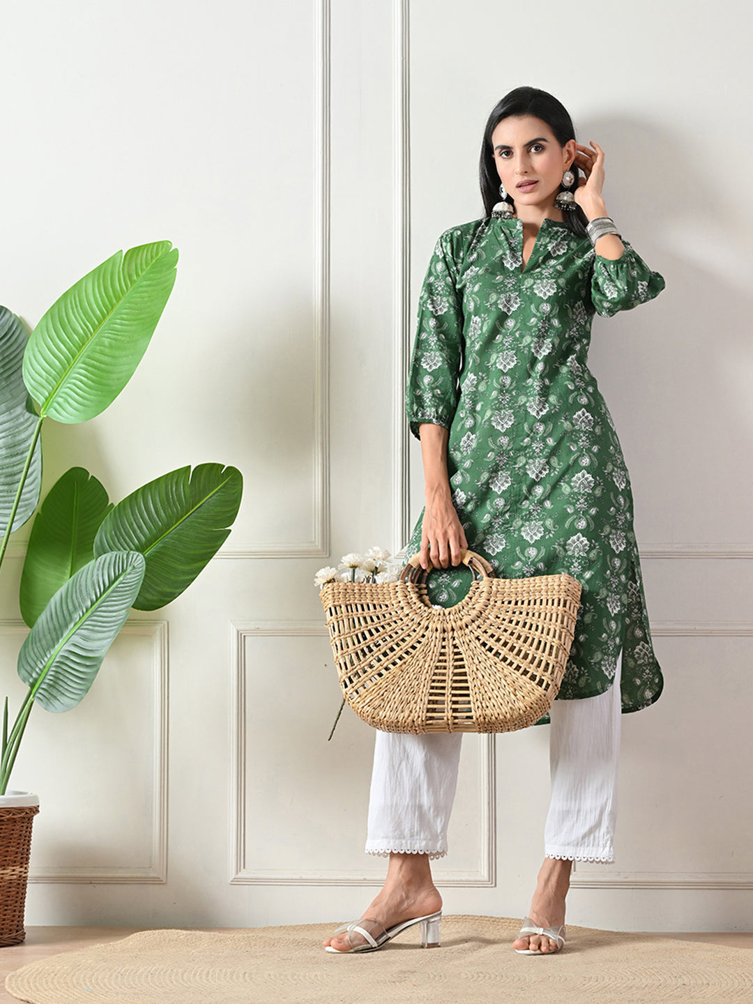 Green Hand Block Print Floral    Kurta