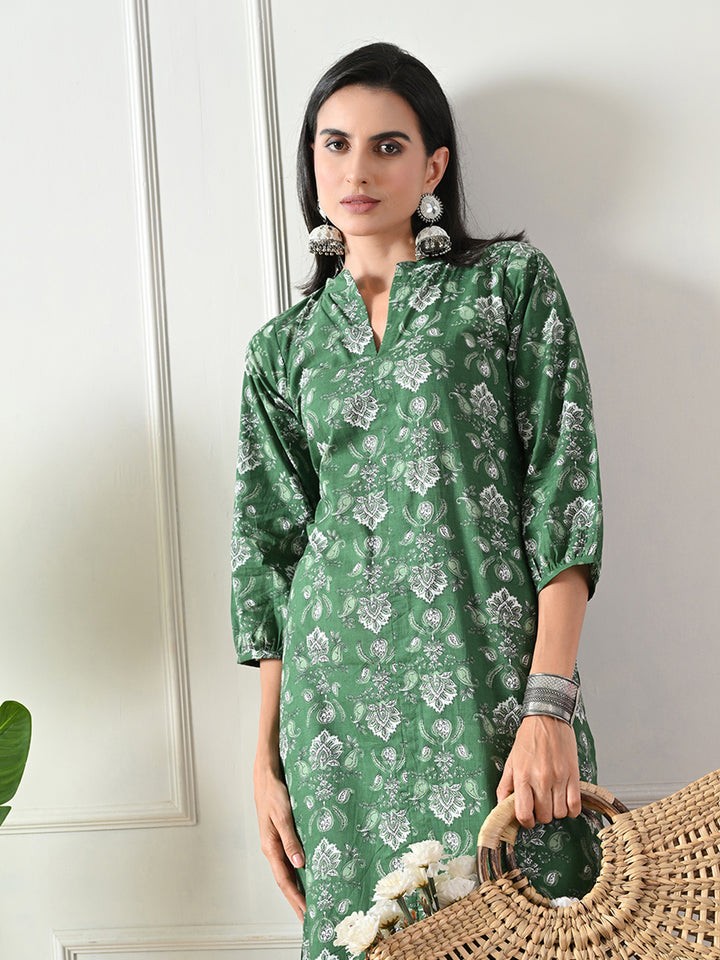 Green Hand Block Print Floral    Kurta