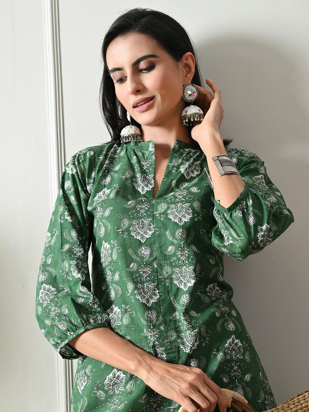 Green Hand Block Print Floral    Kurta