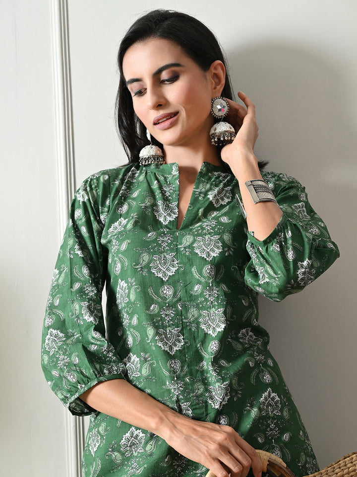 Green Hand Block Print Floral    Kurta