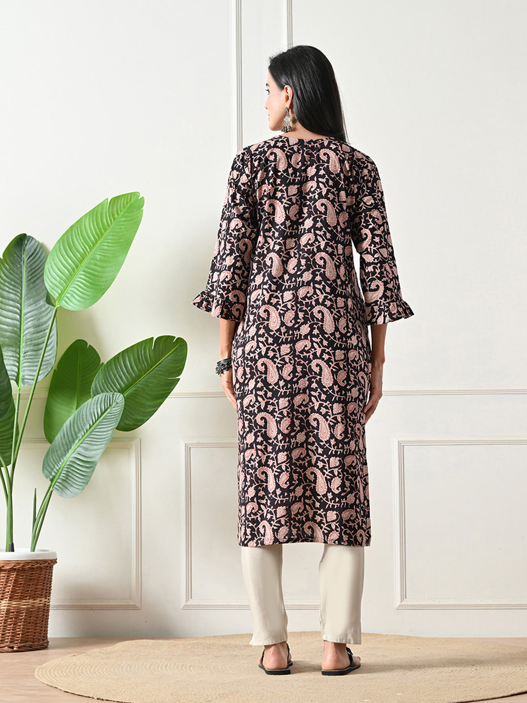 Black Block Print Floral Kurta