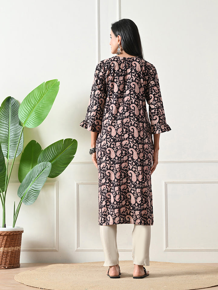 Black Block Print Floral Kurta