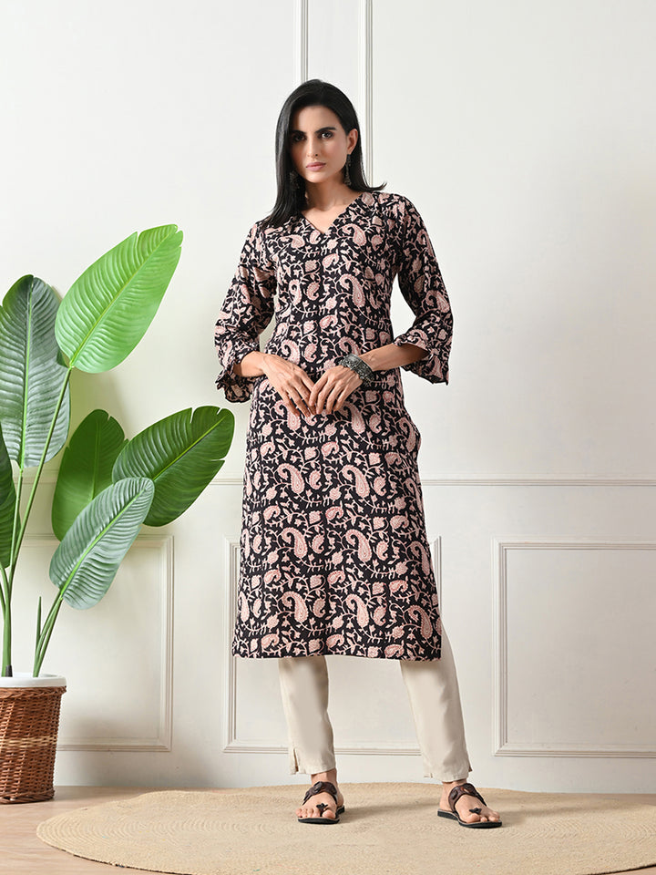 Black Block Print Floral Kurta