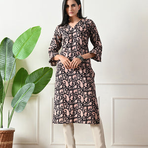 Black Block Print Floral Kurta