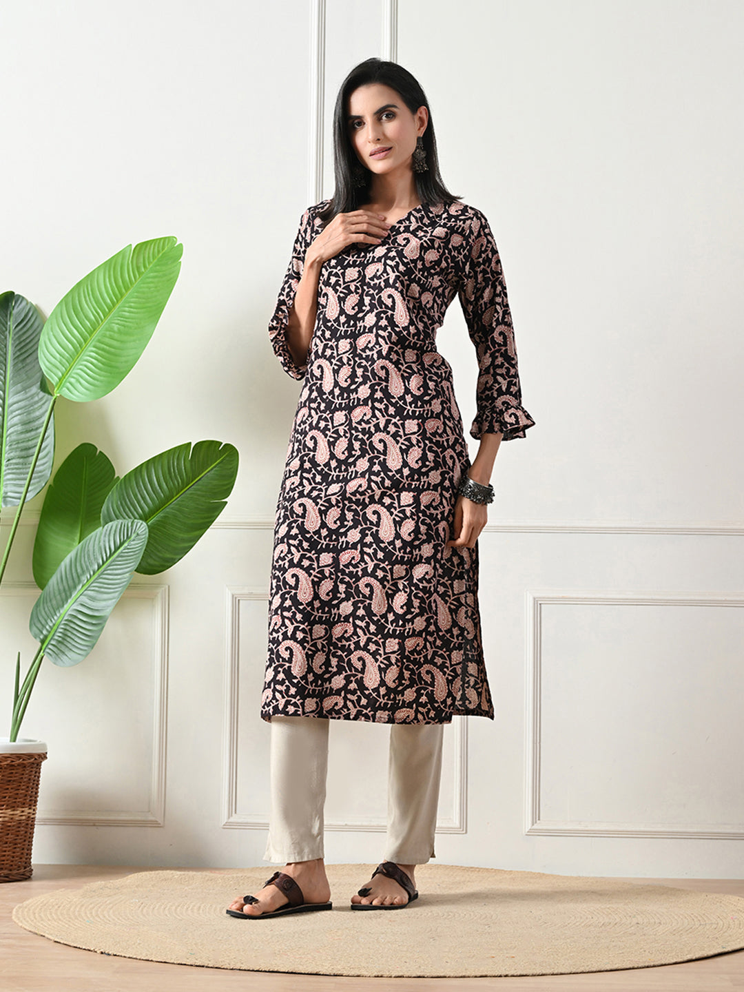 Black Block Print Floral Kurta