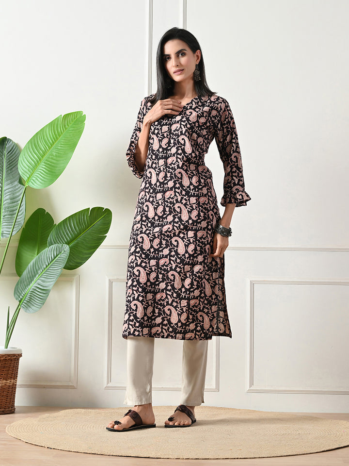 Black Block Print Floral Kurta