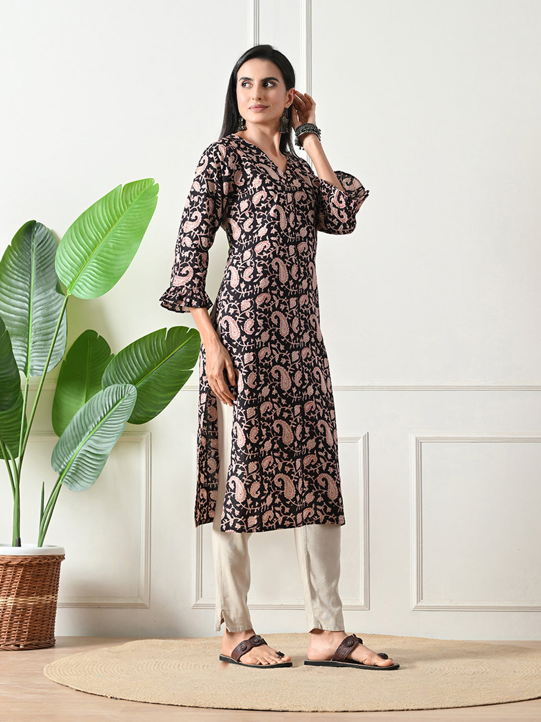 Black Block Print Floral Kurta