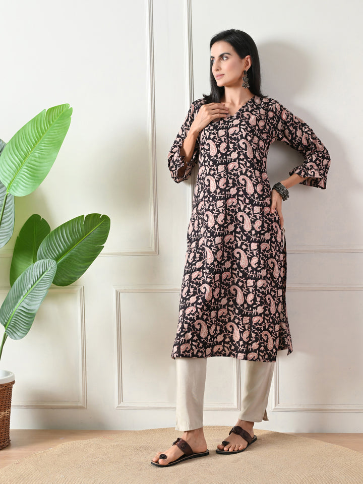 Black Block Print Floral Kurta