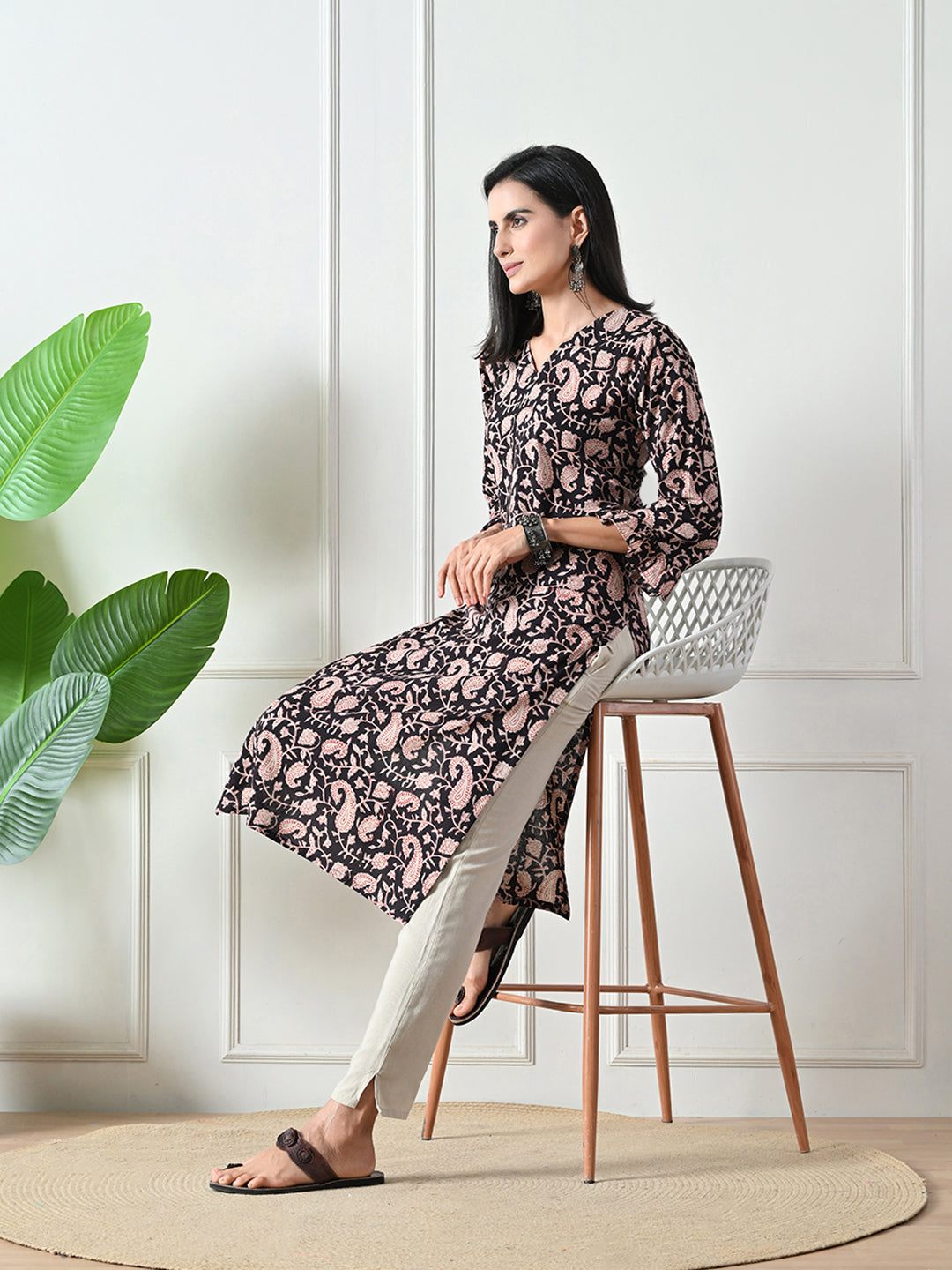 Black Block Print Floral Kurta