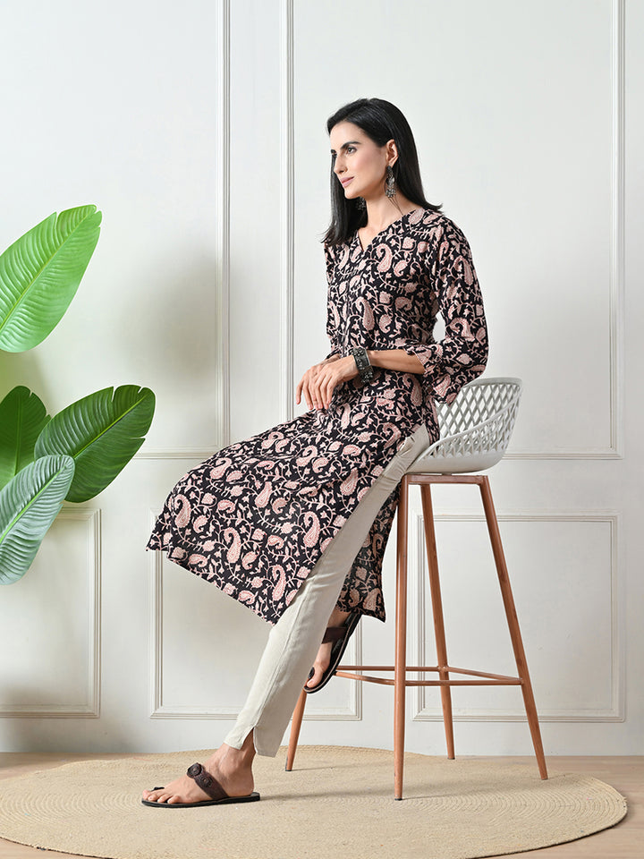 Black Block Print Floral Kurta
