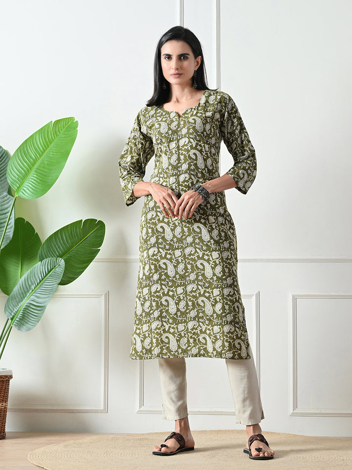 Green Block Print Pure Cotton Kurta