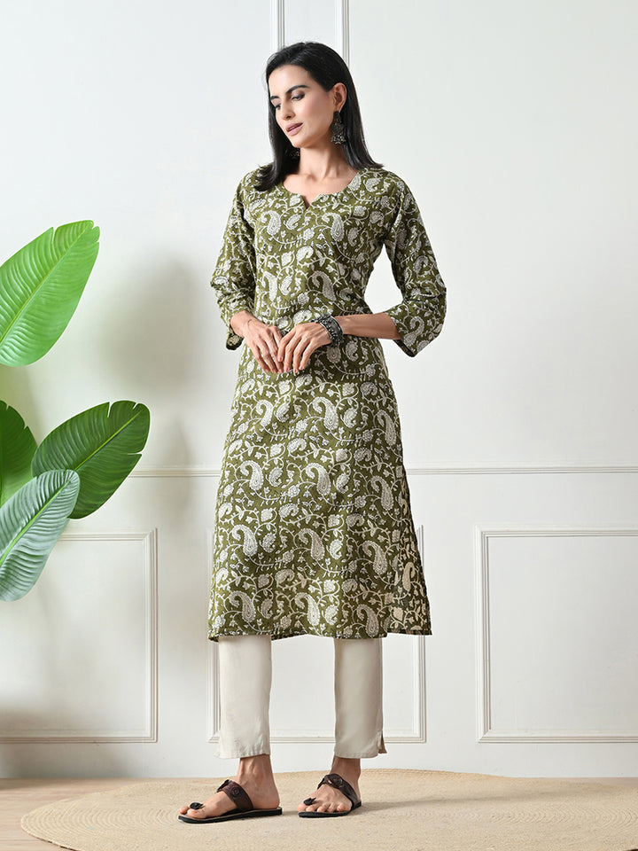 Green Block Print Pure Cotton Kurta