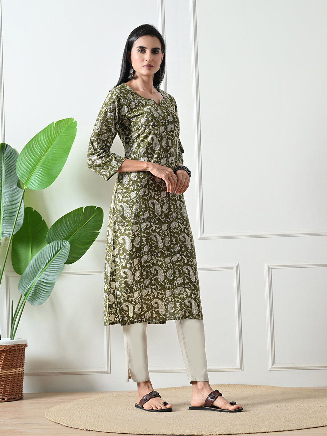 Green Block Print Pure Cotton Kurta