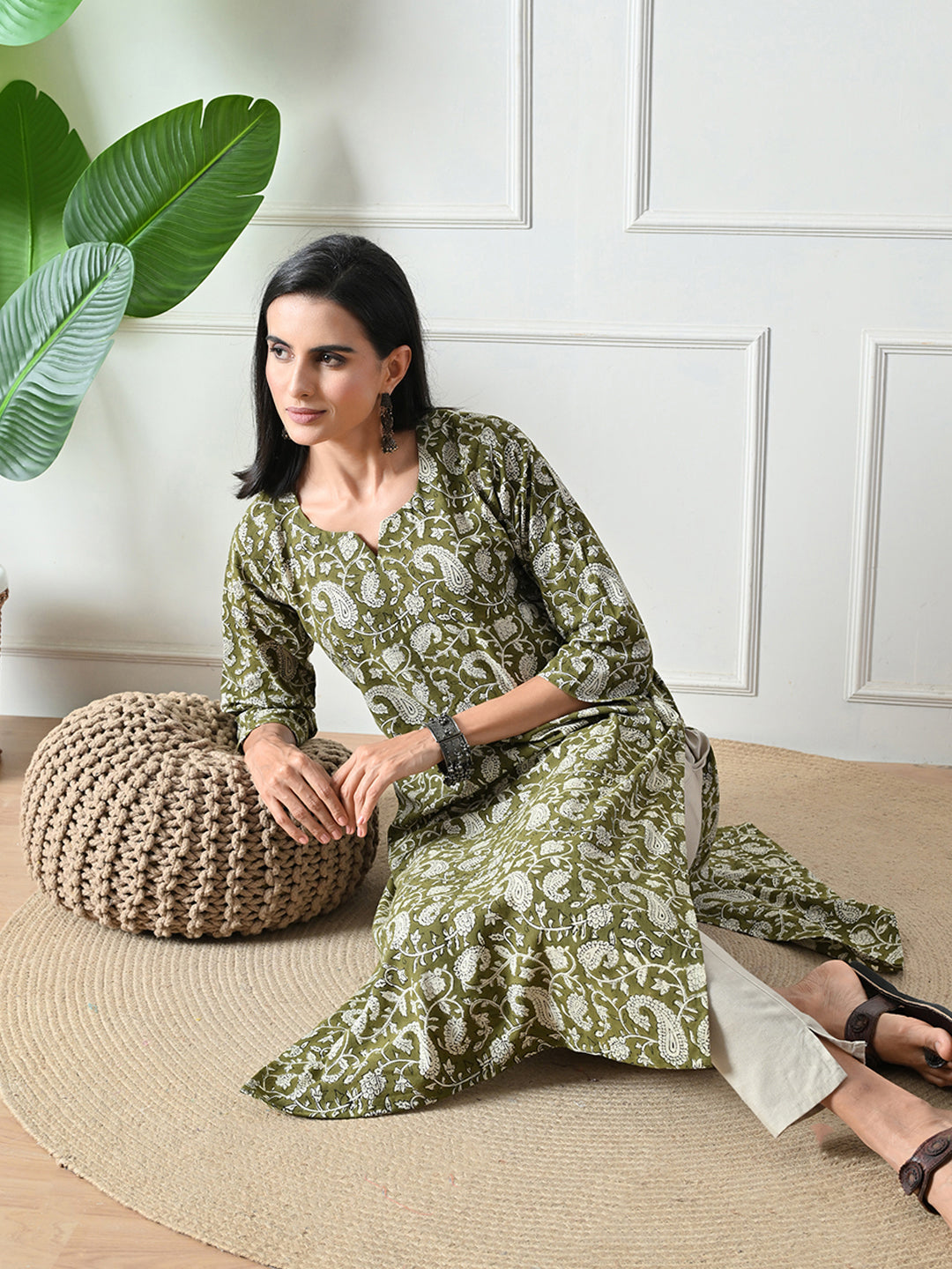 Green Block Print Pure Cotton Kurta