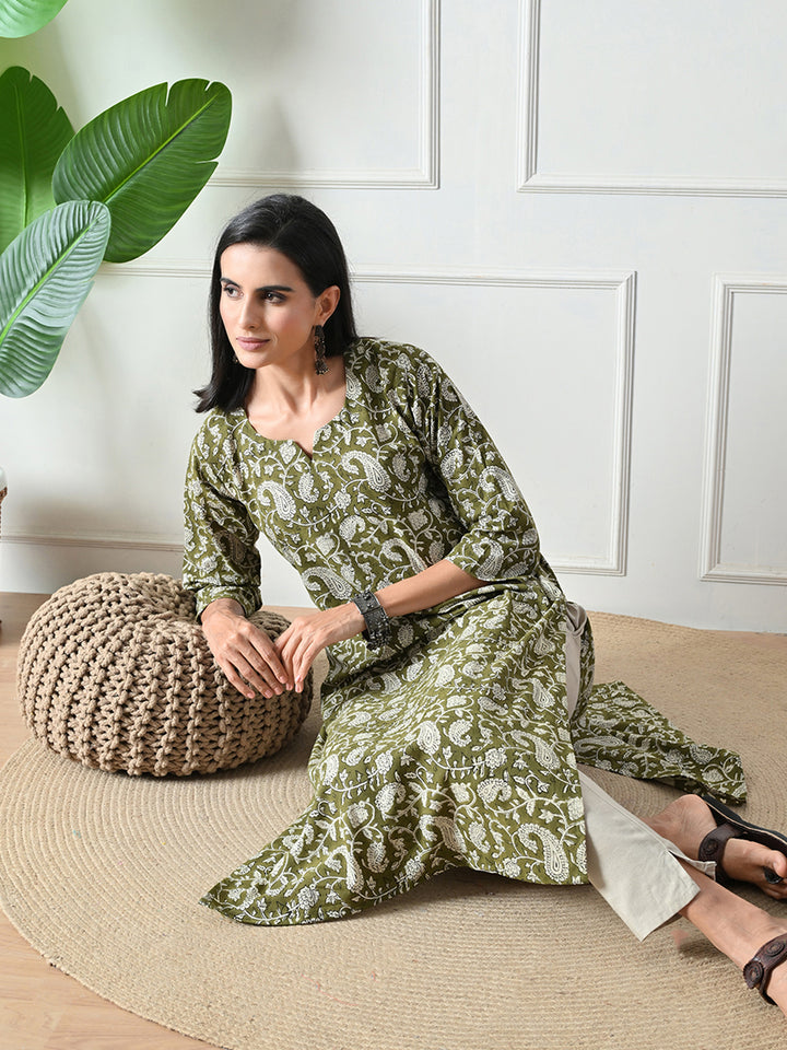 Green Block Print Pure Cotton Kurta