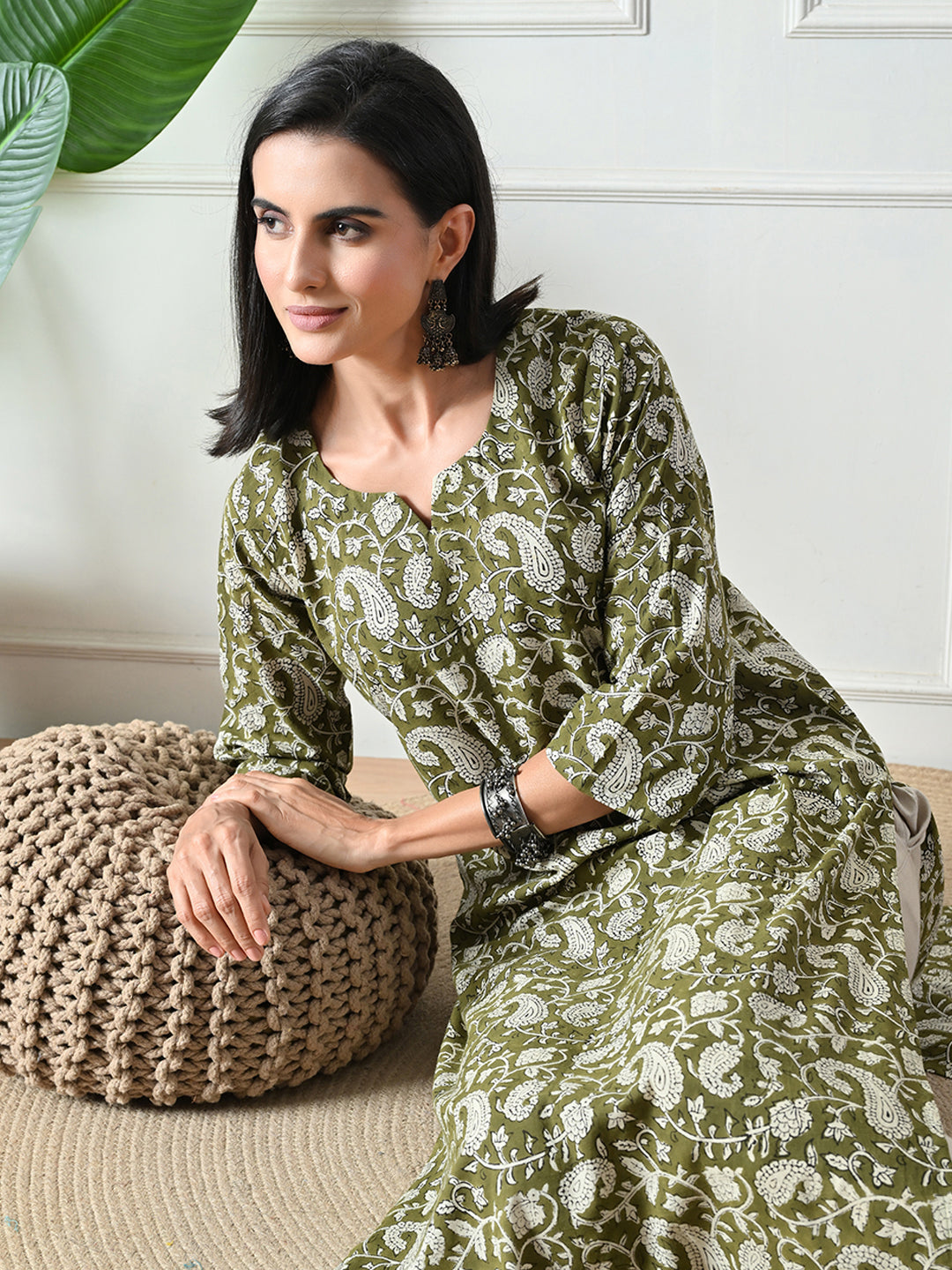 Green Block Print Pure Cotton Kurta