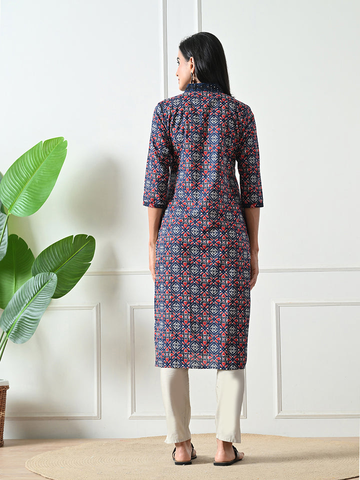 Blue Geometric Print Cotton Kurta
