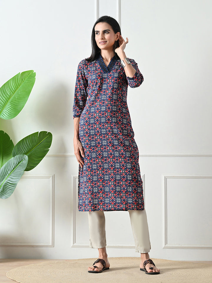 Blue Geometric Print Cotton Kurta