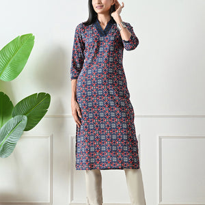 Blue Geometric Print Cotton Kurta