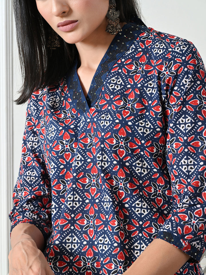 Blue Geometric Print Cotton Kurta