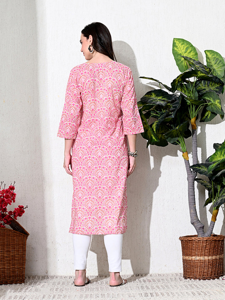 Pink Block Print Floral Cotton Kurta