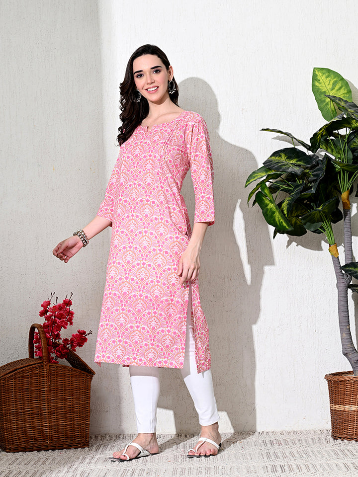 Pink Block Print Floral Cotton Kurta