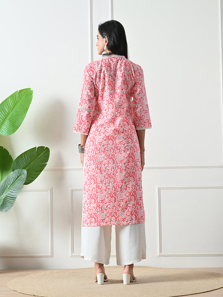 Pink Lace Work Printed Cotton Kurta