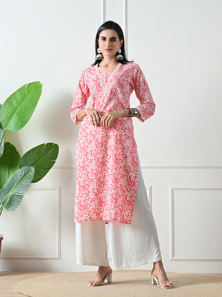 Pink Lace Work Printed Cotton Kurta
