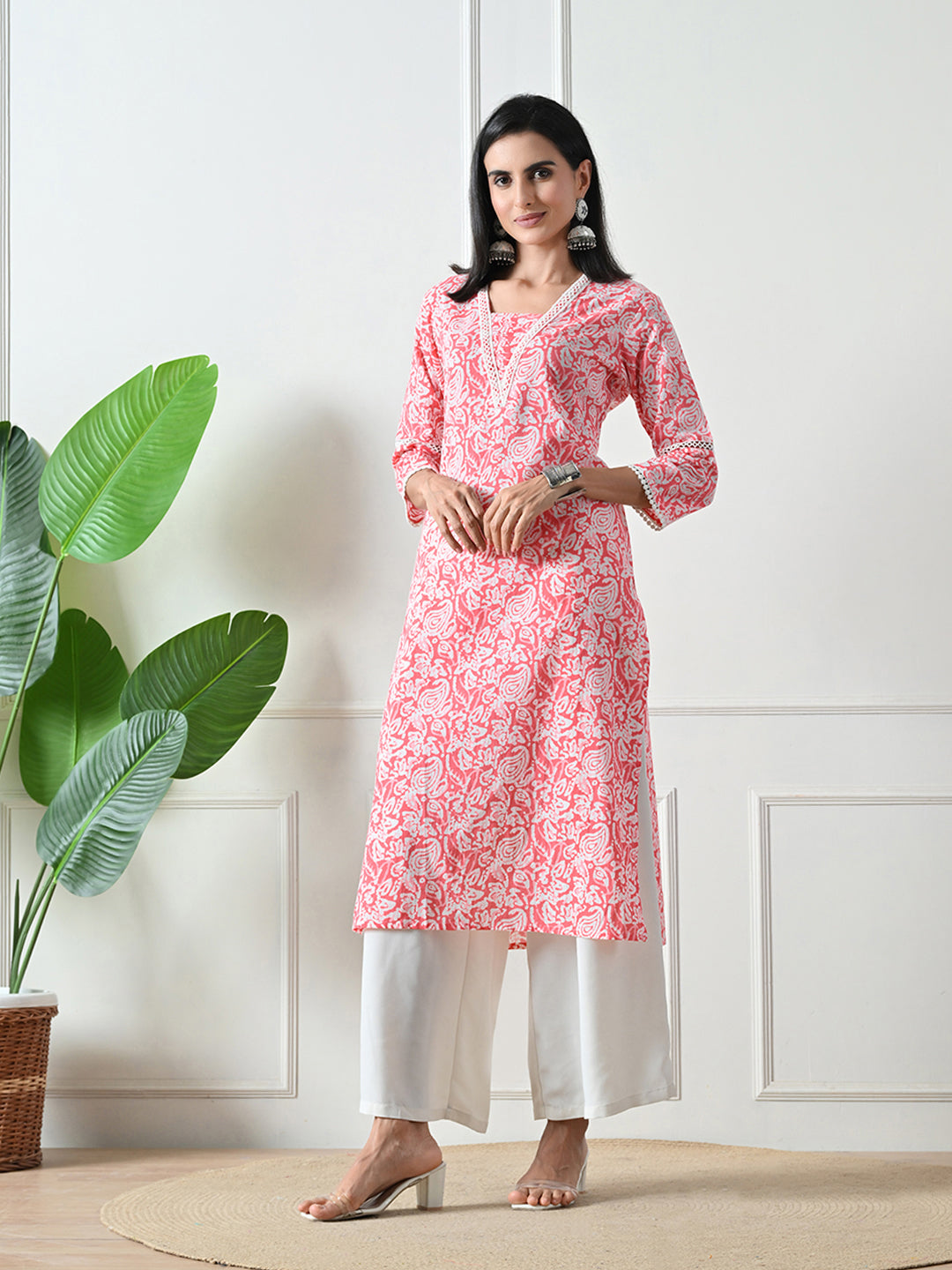 Pink Lace Work Printed Cotton Kurta