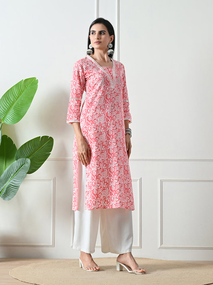 Pink Lace Work Printed Cotton Kurta