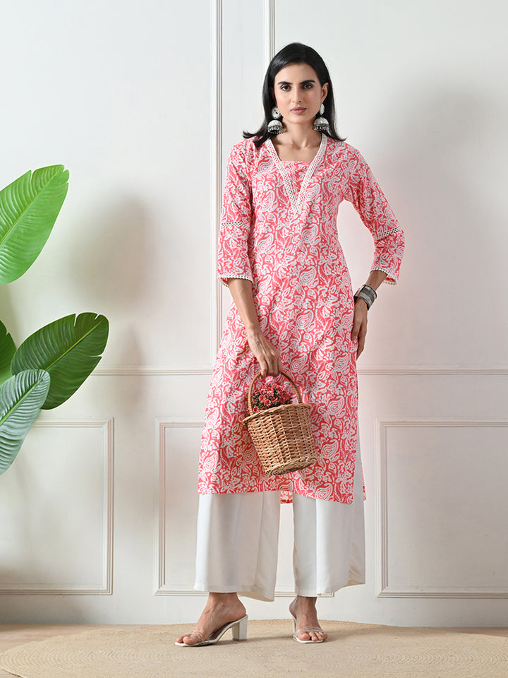 Pink Lace Work Printed Cotton Kurta