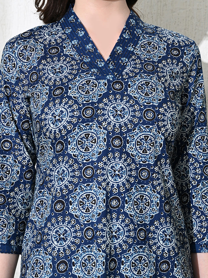 Deep Blue Ajhrak Print Cotton Kurta