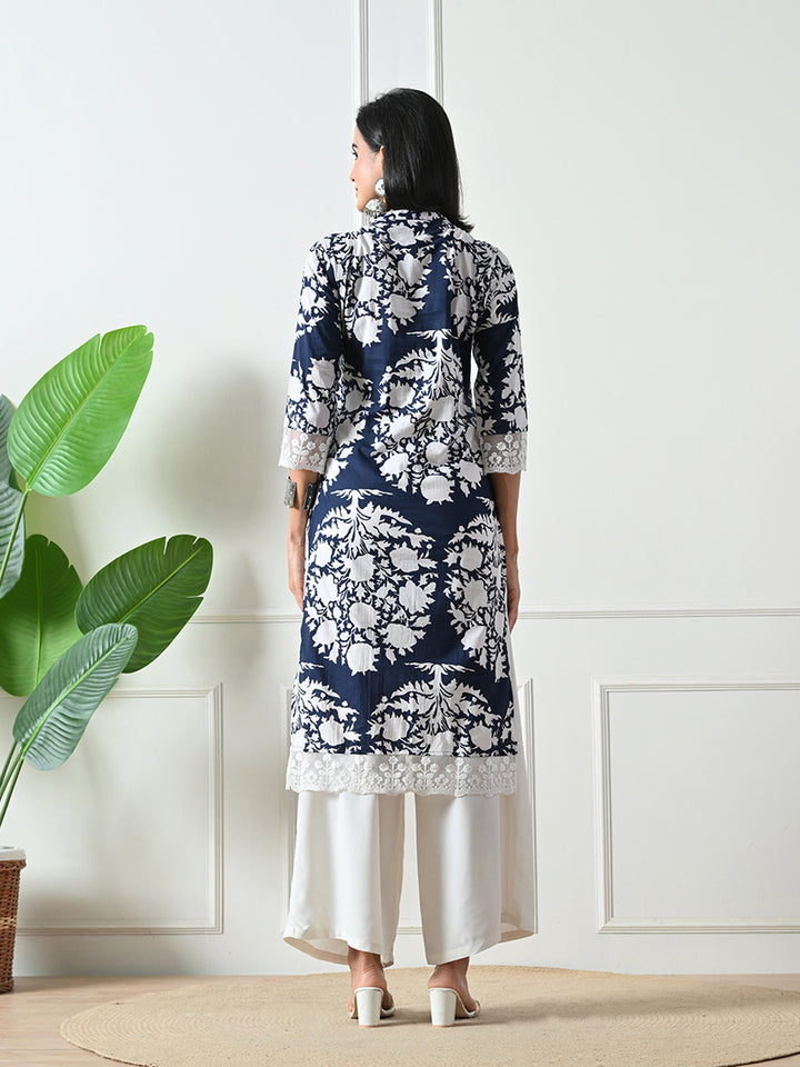 Deep Blue Printed Lace Details Kurta