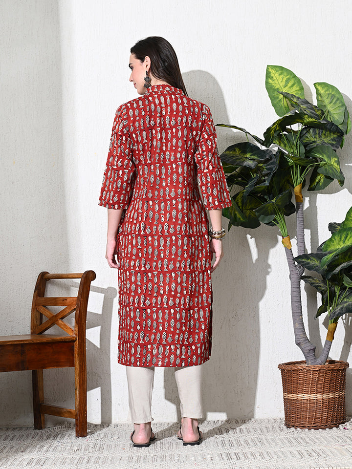 Maroon Block Print Pure Cotton Kurta