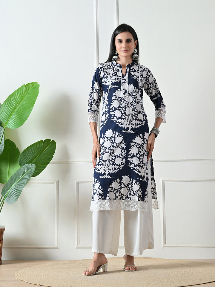 Deep Blue Printed Lace Details Kurta