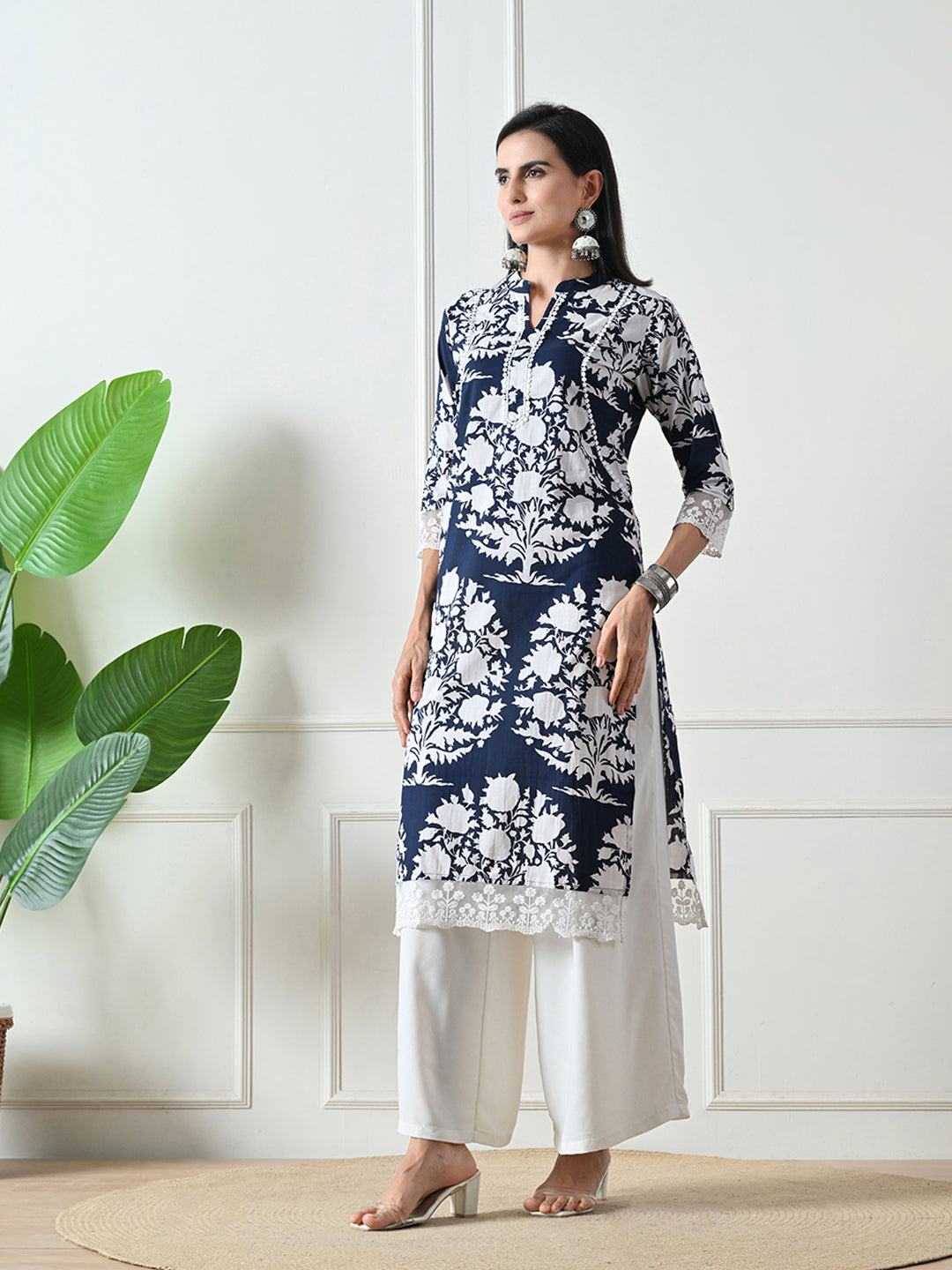 Deep Blue Printed Lace Details Kurta