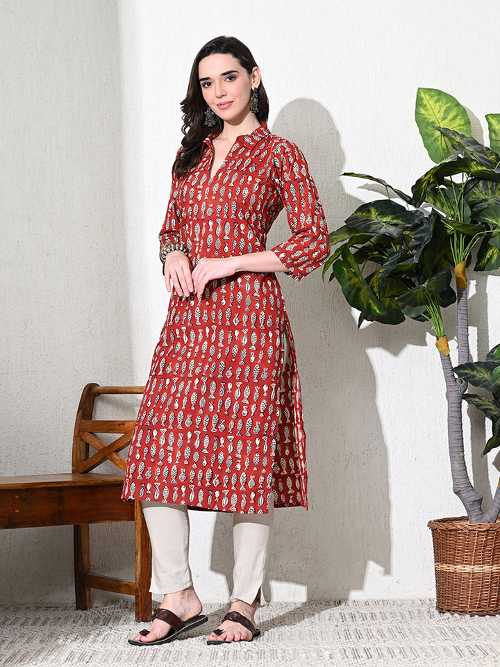 Maroon Block Print Pure Cotton Kurta