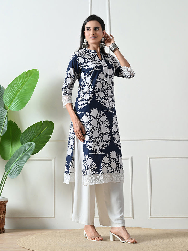 Deep Blue Printed Lace Details Kurta