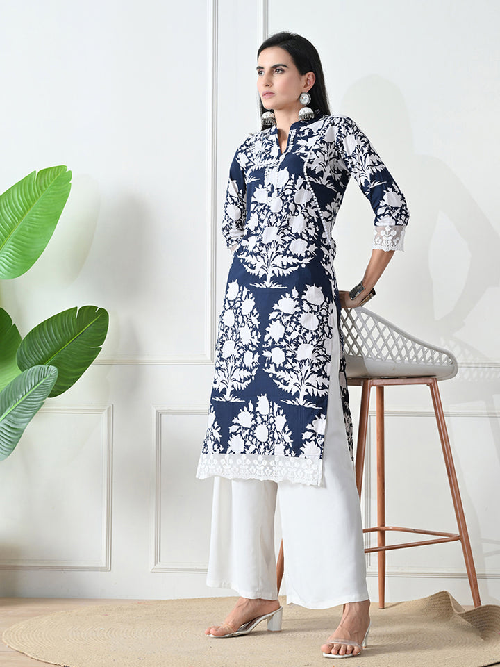 Deep Blue Printed Lace Details Kurta