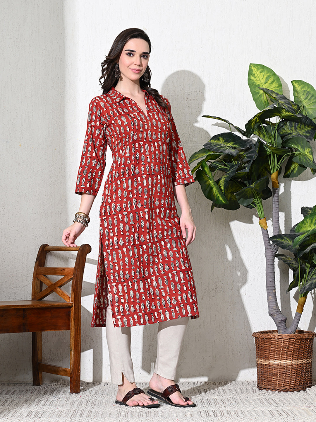 Maroon Block Print Pure Cotton Kurta