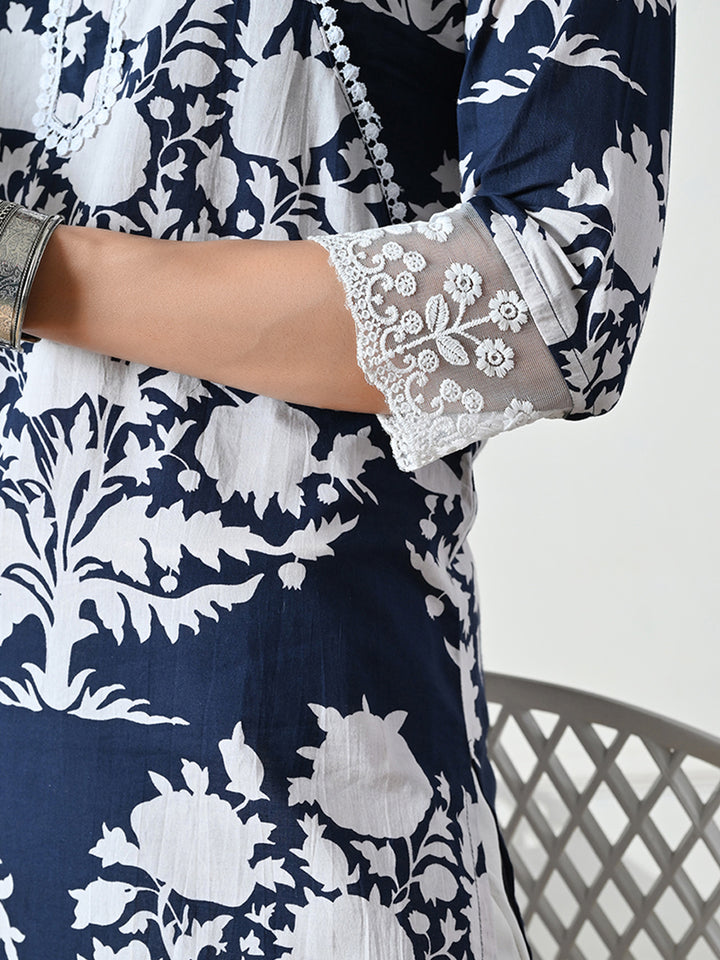 Deep Blue Printed Lace Details Kurta