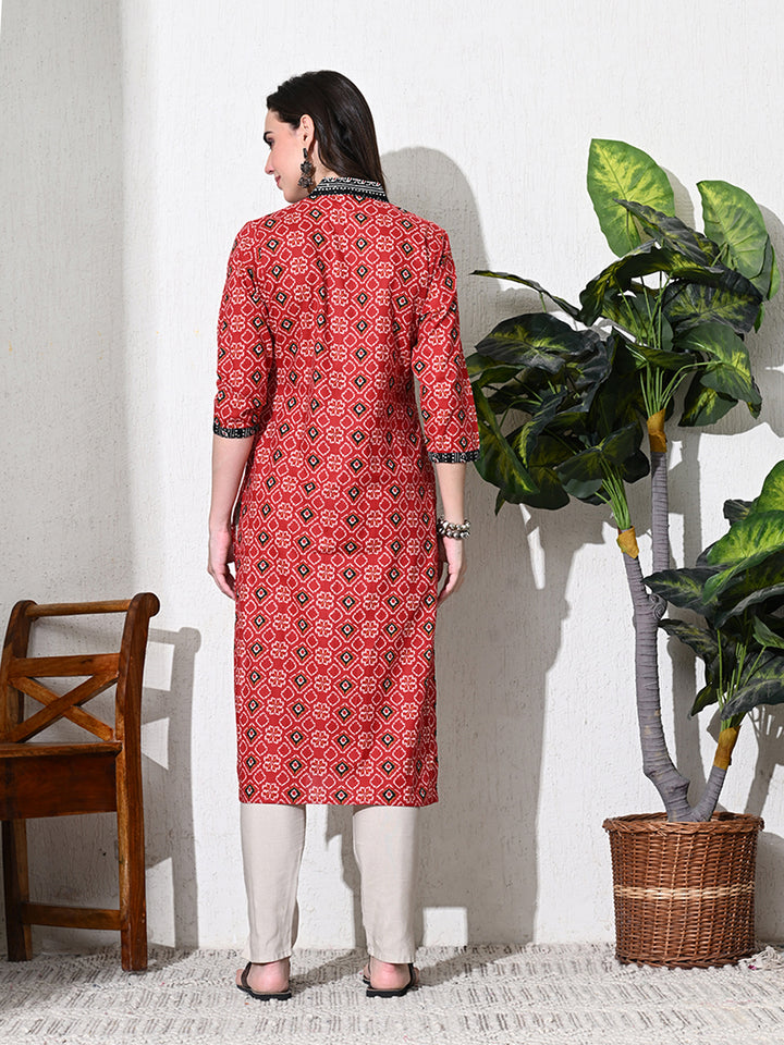 Maroon Printed Cotton Straight Kurta