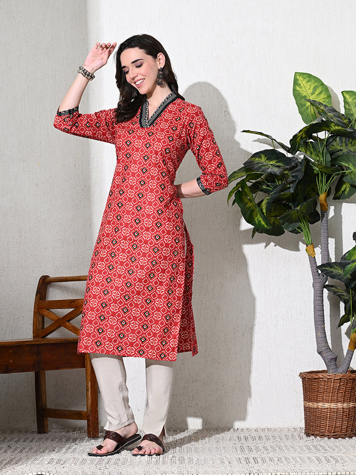 Maroon Printed Cotton Straight Kurta
