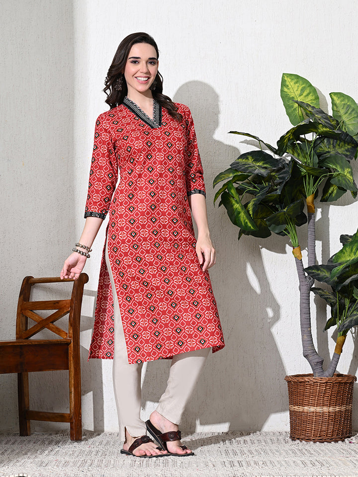 Maroon Printed Cotton Straight Kurta