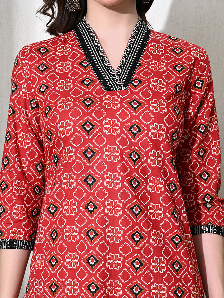 Maroon Printed Cotton Straight Kurta
